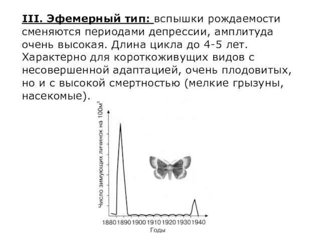 III. Эфемерный тип: вспышки рождаемости сменяются периодами депрессии, амплитуда очень