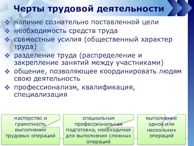 Черты трудовой деятельности наличие сознательно поставленной цели необходимость средств труда