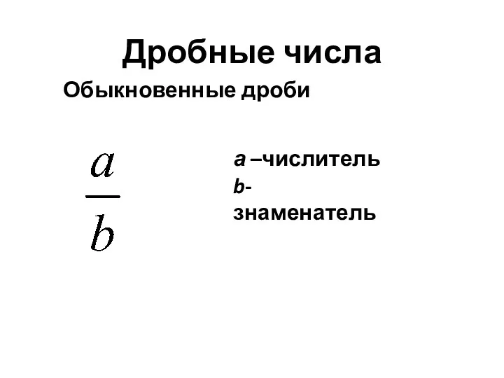 Дробные числа Обыкновенные дроби а –числитель b- знаменатель