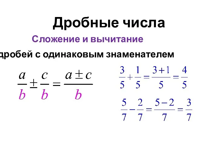 Дробные числа Сложение и вычитание дробей с одинаковым знаменателем