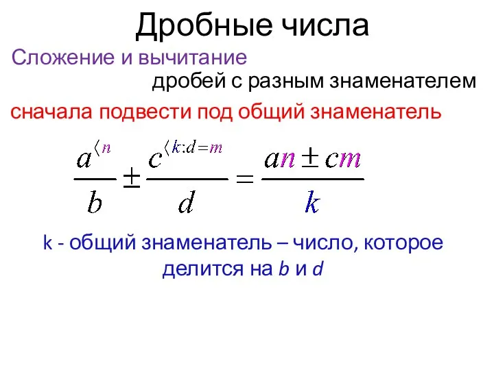 Дробные числа Сложение и вычитание дробей с разным знаменателем сначала