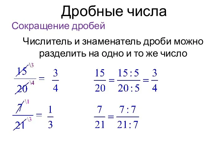 Дробные числа Сокращение дробей Числитель и знаменатель дроби можно разделить на одно и то же число
