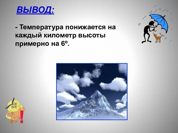 ВЫВОД: - Температура понижается на каждый километр высоты примерно на 6º.