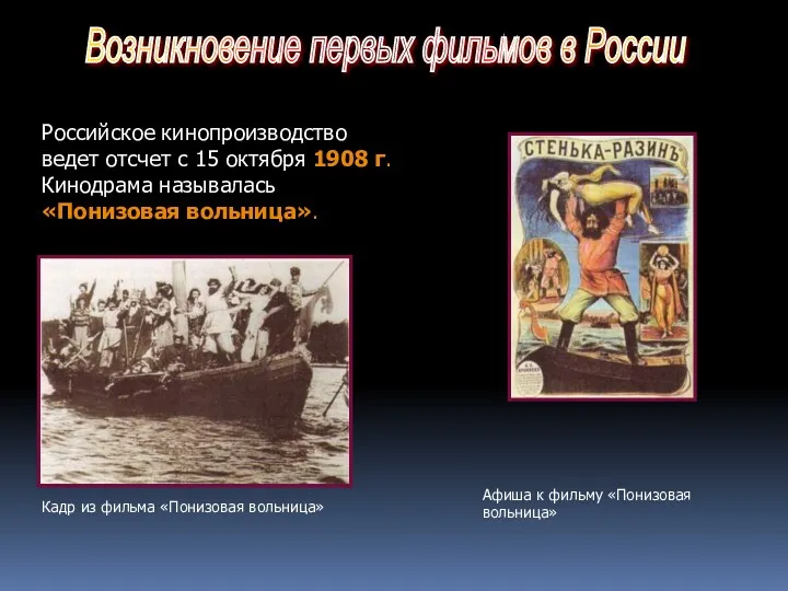 Возникновение первых фильмов в России Российское кинопроизводство ведет отсчет с