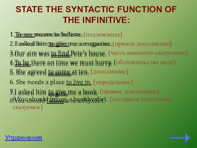 STATE THE SYNTACTIC FUNCTION OF THE INFINITIVE: 6. She needs