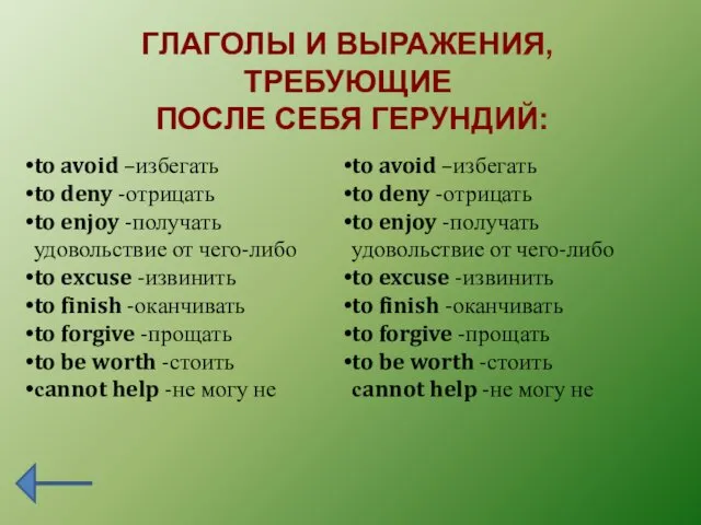 ГЛАГОЛЫ И ВЫРАЖЕНИЯ, ТРЕБУЮЩИЕ ПОСЛЕ СЕБЯ ГЕРУНДИЙ: to avoid –избегать