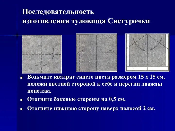 Последовательность изготовления туловища Снегурочки Возьмите квадрат синего цвета размером 15