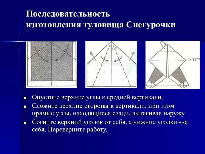 Последовательность изготовления туловища Снегурочки Опустите верхние углы к средней вертикали.