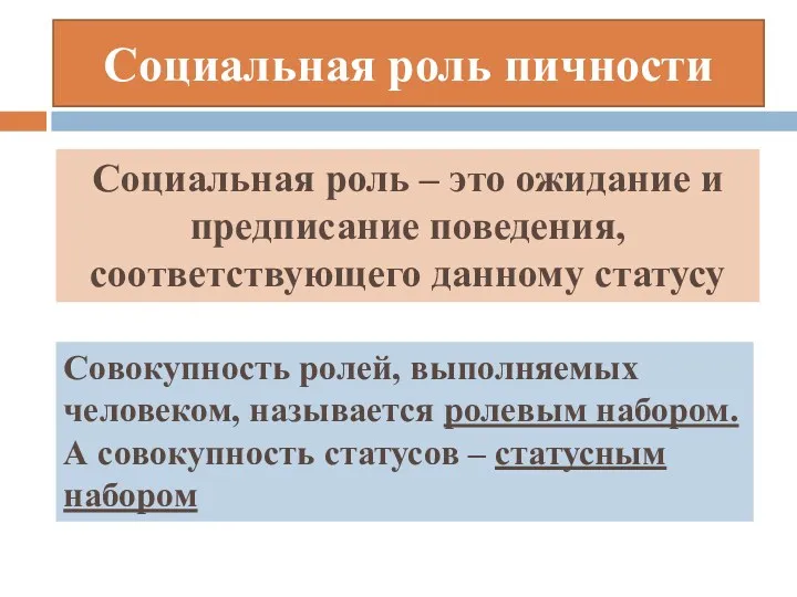 Социальная роль пичности Социальная роль – это ожидание и предписание