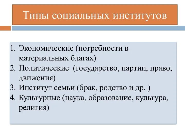 Типы социальных институтов Экономические (потребности в материальных благах) Политические (государство,