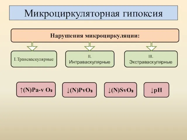 Микроциркуляторная гипоксия Нарушения микроциркуляции: II.Интраваскулярные I.Трансваскулярные ↑(N)Рa-v О₂ III. Экстраваскулярные ↓(N)РᴠО₂ ↓(N)SᴠО₂ ↓pH