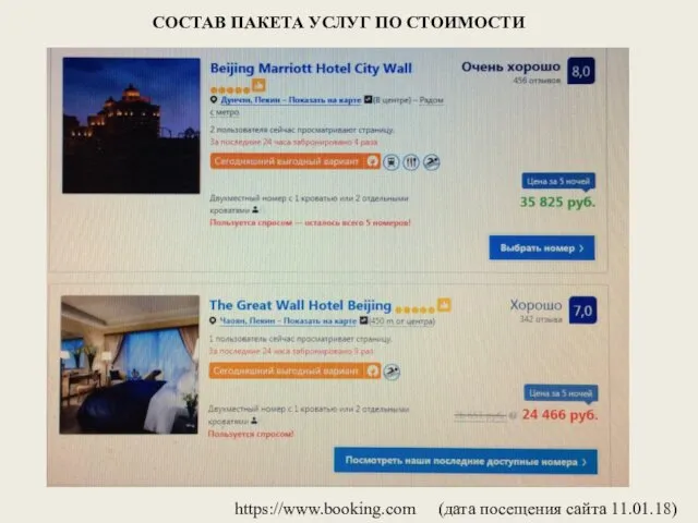 СОСТАВ ПАКЕТА УСЛУГ ПО СТОИМОСТИ (дата посещения сайта 11.01.18) https://www.booking.com