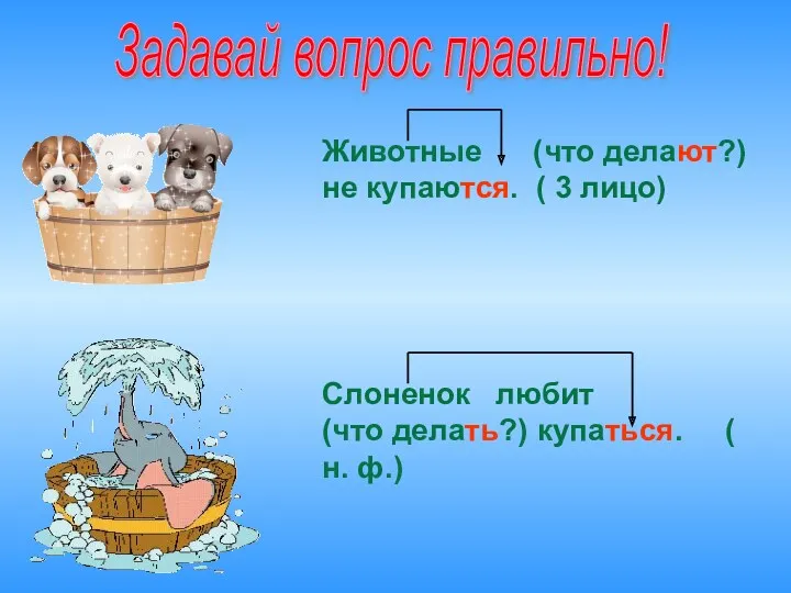 Животные (что делают?) не купаются. ( 3 лицо) Слоненок любит