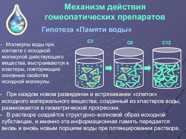 Механизм действия гомеопатических препаратов Гипотеза «Памяти воды» Молекулы воды при