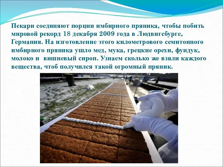 Пекари соединяют порции имбирного пряника, чтобы побить мировой рекорд 18 декабря 2009 года
