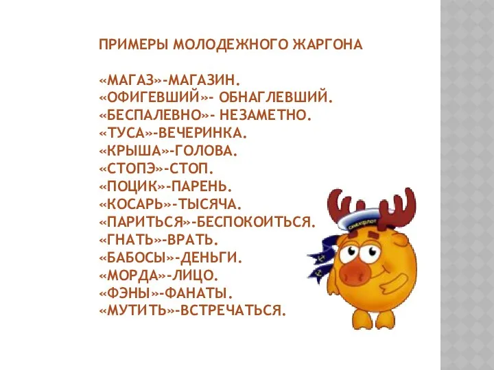 Примеры молодежного жаргона «магаз»-магазин. «офигевший»- обнаглевший. «беспалевно»- незаметно. «туса»-вечеринка. «крыша»-голова.