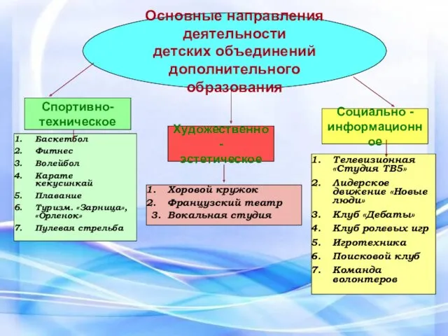 Основные направления деятельности детских объединений дополнительного образования Социально - информационное Баскетбол Фитнес Волейбол