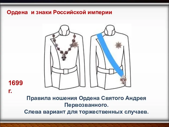 Правила ношения Ордена Святого Андрея Первозванного. Слева вариант для торжественных