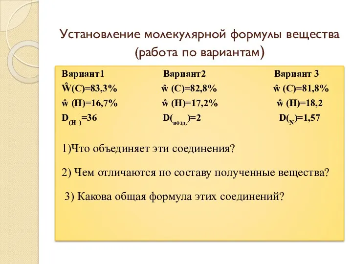 Установление молекулярной формулы вещества (работа по вариантам) Вариант1 Вариант2 Вариант