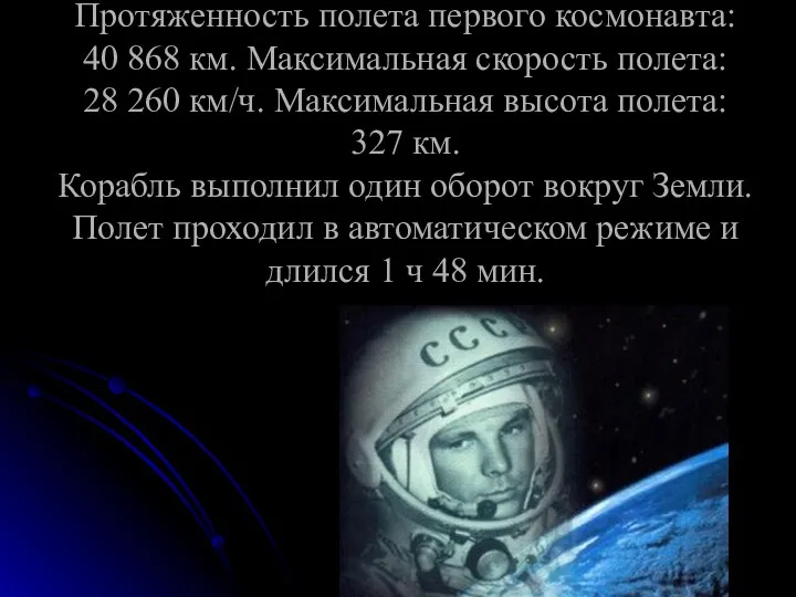 Протяженность полета первого космонавта: 40 868 км. Максимальная скорость полета: 28 260 км/ч.