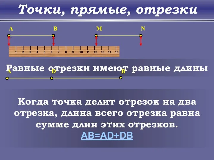 Точки, прямые, отрезки A B M N Равные отрезки имеют равные длины A