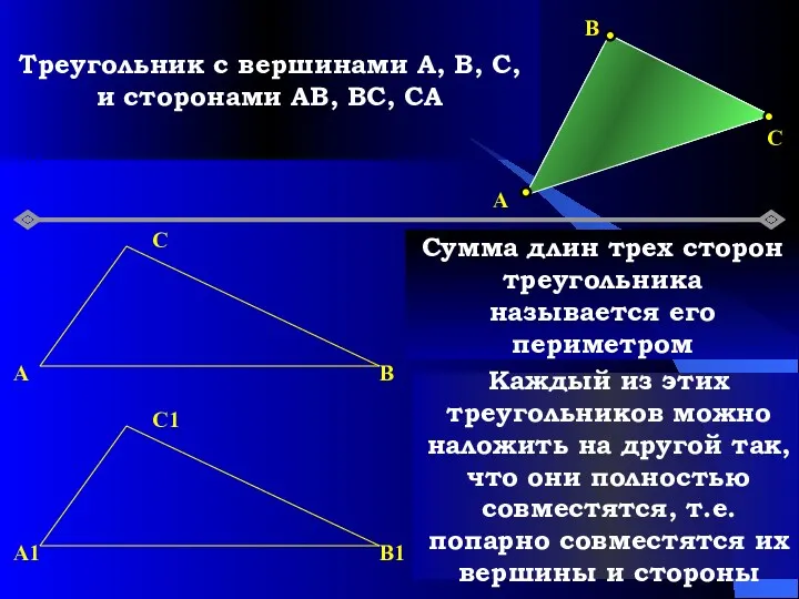 Треугольник с вершинами A, B, C, и сторонами AB, BC, CA A C