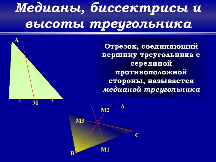 Медианы, биссектрисы и высоты треугольника A M Отрезок, соединяющий вершину