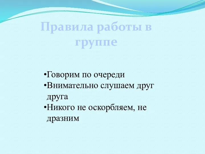 Говорим по очереди Внимательно слушаем друг друга Никого не оскорбляем, не дразним Правила работы в группе