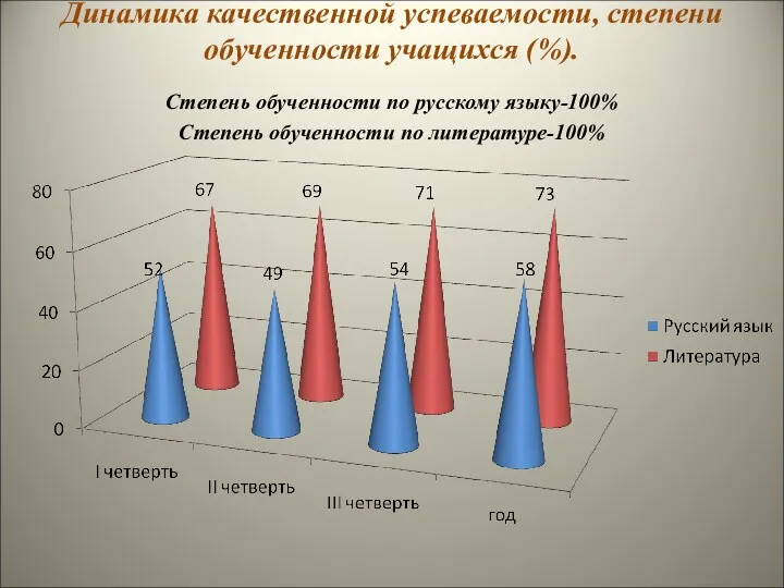 Динамика качественной успеваемости, степени обученности учащихся (%). Степень обученности по русскому языку-100% Степень обученности по литературе-100%