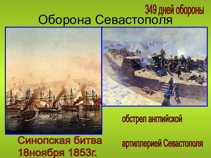 Оборона Севастополя Синопская битва 18ноября 1853г. обстрел английской артиллерией Севастополя 349 дней обороны