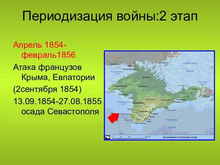 Периодизация войны:2 этап Апрель 1854-февраль1856 Атака французов Крыма, Евпатории (2сентября 1854) 13.09.1854-27.08.1855 осада Севастополя