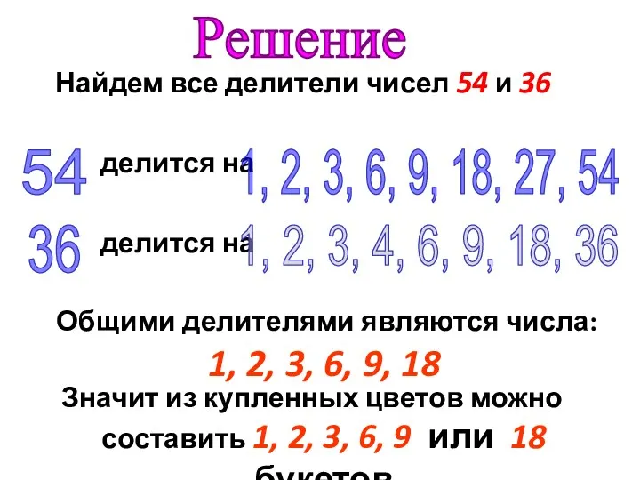 Найдем все делители чисел 54 и 36 делится на делится на 1, 2,