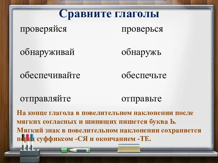 Сравните глаголы проверься обнаружь обеспечьте отправьте На конце глагола в