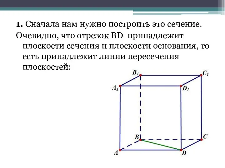 1. Сначала нам нужно построить это сечение. Очевидно, что отрезок