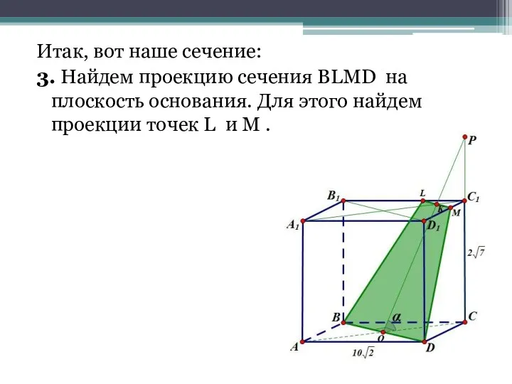 Итак, вот наше сечение: 3. Найдем проекцию сечения BLMD на