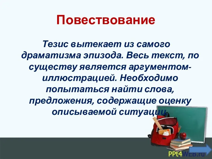 Повествование Тезис вытекает из самого драматизма эпизода. Весь текст, по существу является аргументом-иллюстрацией.