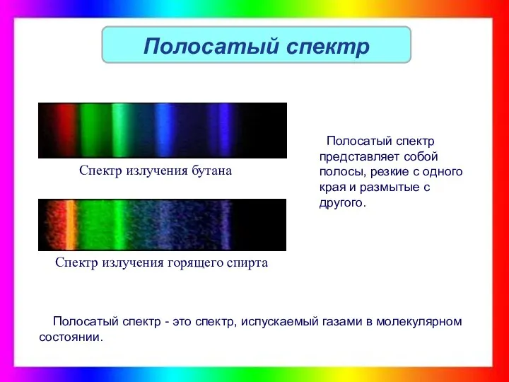 Полосатый спектр Полосатый спектр Полосатый спектр представляет собой полосы, резкие