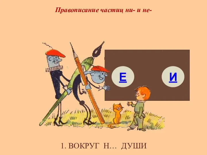 1. ВОКРУГ Н… ДУШИ Правописание частиц ни- и не- Е И