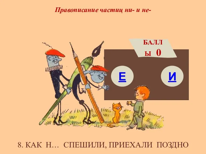 Правописание частиц ни- и не- Е БАЛЛЫ 0 И 8. КАК Н… СПЕШИЛИ, ПРИЕХАЛИ ПОЗДНО