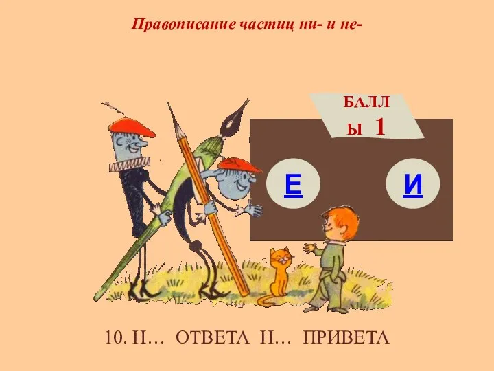 Правописание частиц ни- и не- Е БАЛЛЫ 1 И 10. Н… ОТВЕТА Н… ПРИВЕТА