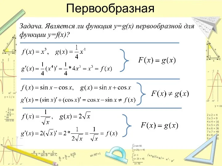 Первообразная Задача. Является ли функция у=g(x) первообразной для функции у=f(x)?