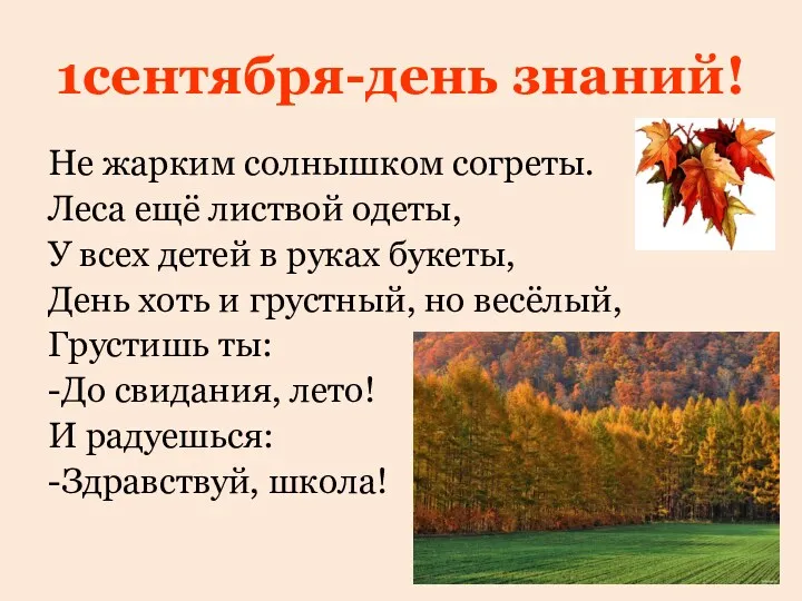 1сентября-день знаний! Не жарким солнышком согреты. Леса ещё листвой одеты,