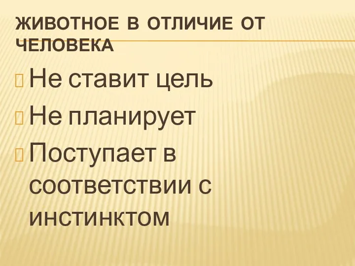 Животное в отличие от человека Не ставит цель Не планирует Поступает в соответствии с инстинктом