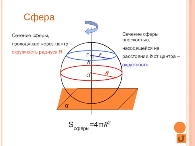 Сфера O Сечение сферы, проходящее через центр – окружность радиуса R R F
