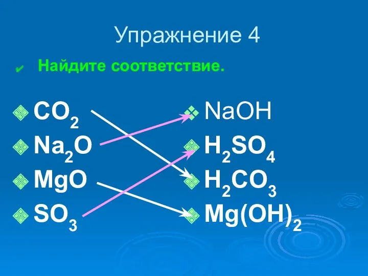 CO2 Na2O MgO SO3 NaOH H2SO4 H2CO3 Mg(OH)2 Упражнение 4 Найдите соответствие.