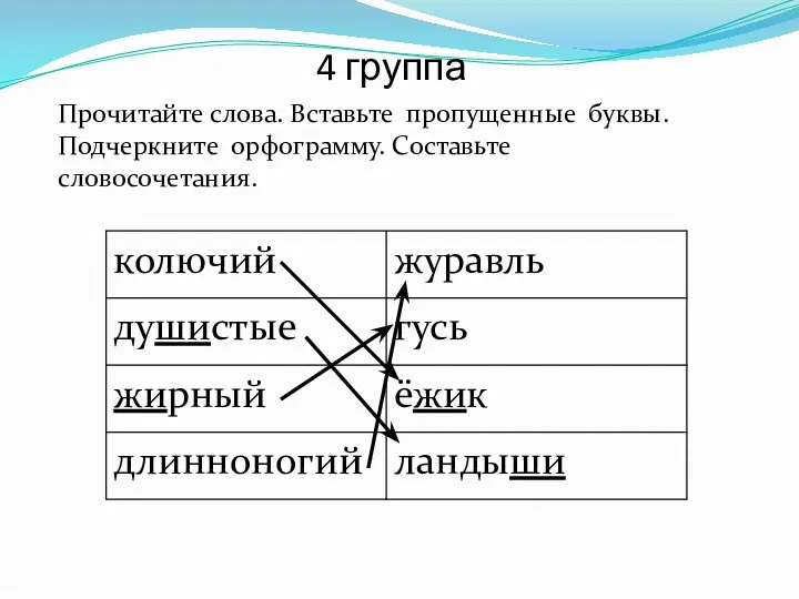 4 группа Прочитайте слова. Вставьте пропущенные буквы. Подчеркните орфограмму. Составьте словосочетания.