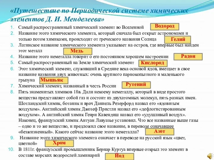 «Путешествие по Периодической системе химических элементов Д. И. Менделеева» Самый