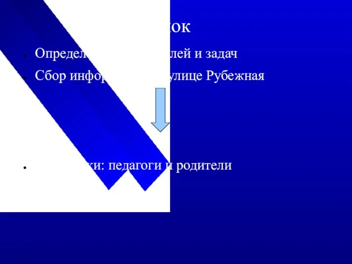 1 блок Определение темы, целей и задач Сбор информации об улице Рубежная Участники: педагоги и родители