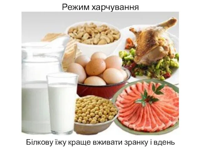 Режим харчування Білкову їжу краще вживати зранку і вдень