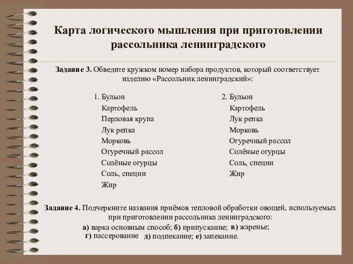 Карта логического мышления при приготовлении рассольника ленинградского 1. Бульон Картофель Перловая крупа Лук